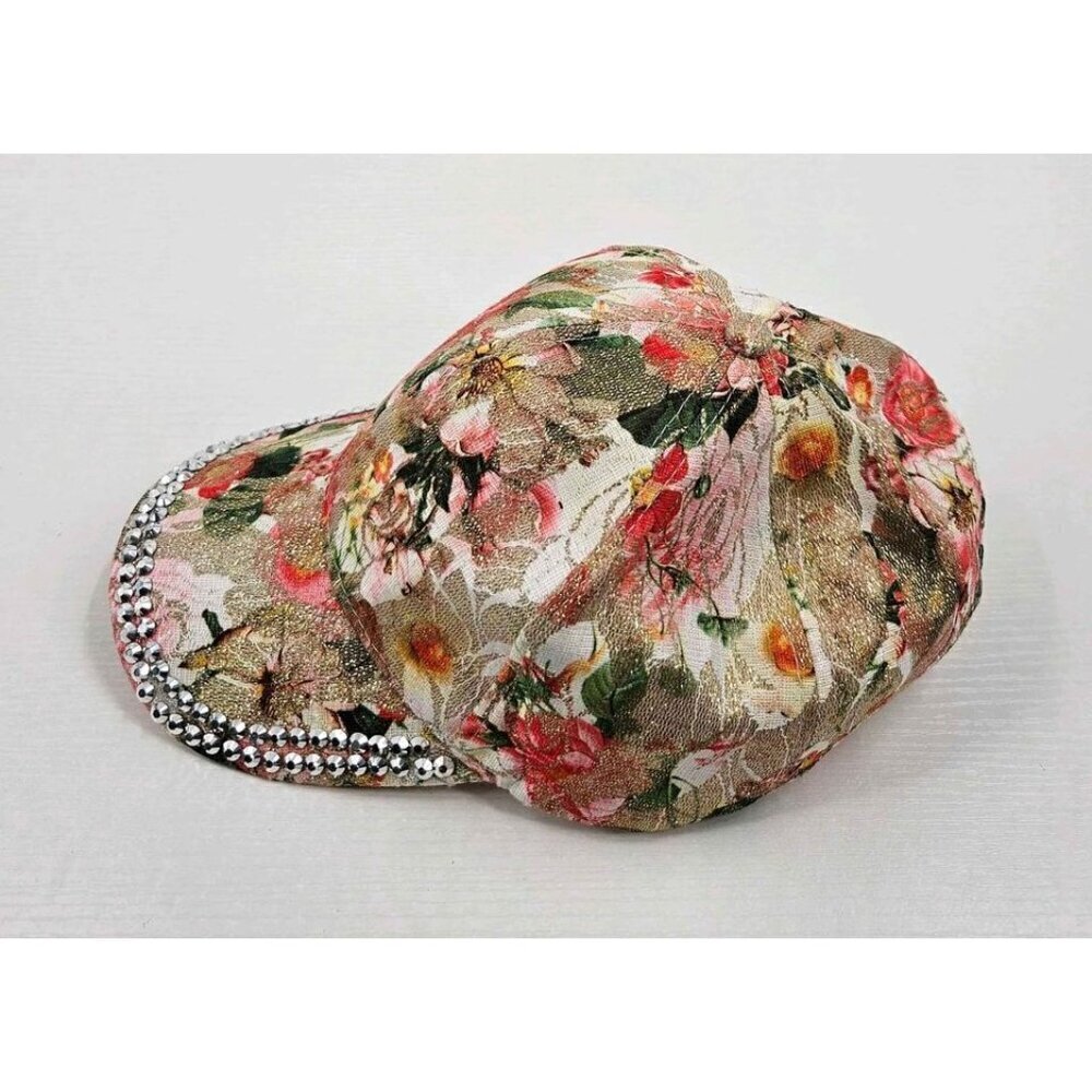 Womens Trending Floral Print Cubic Stone Edged Bill Baseball Cap Adj Back - Picture 2 of 7